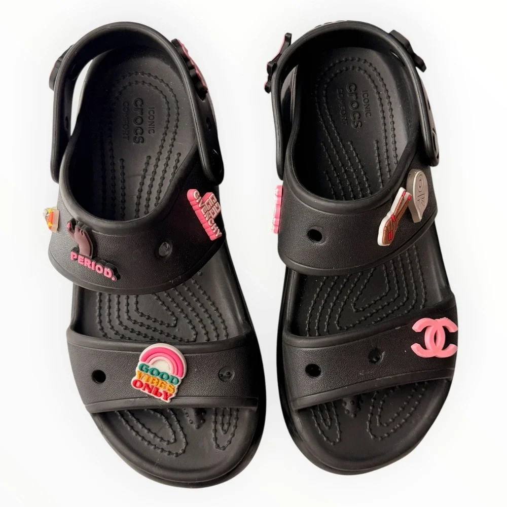 Crocs Mega Crush Sandals Black Platform Custom Designer Inspired Charms Womens 7